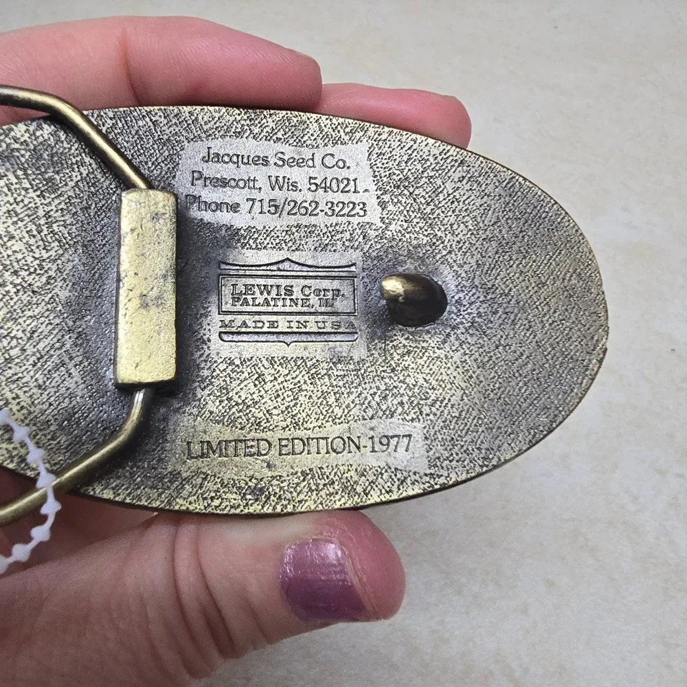 Vintage Jacques Seeds Belt‎ Buckle Farmers Feed The World Brass Tone Oval Ag